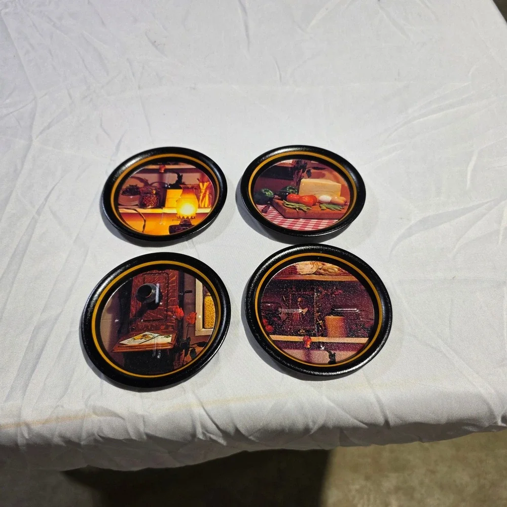 Vintage Style Metal Coasters Set of 4 Rustic Kitchen Pantry Still Life Scenes